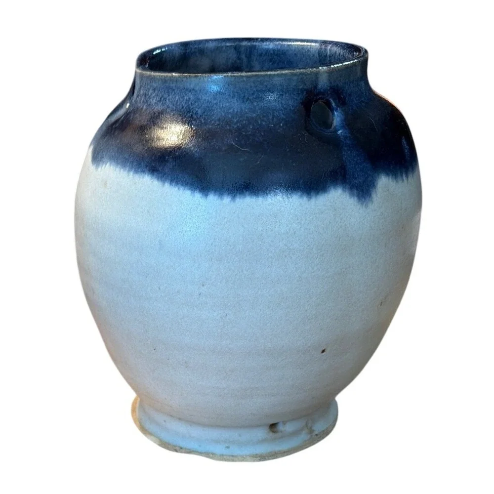 Studio Pottery Planter Blue White Drip Glaze Signed Unique Pottery